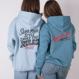 Modelos de espaldas con sudaderas unisex Raycourt celeste y azul mostrando diseño trasero